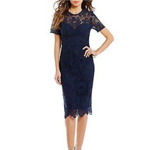 TRINA TURK navy blue Oceano silk blend lace sheath dress